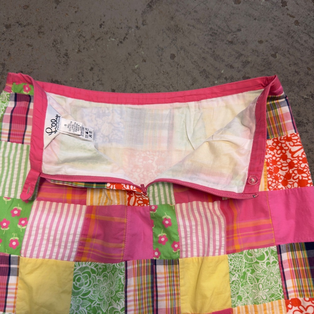 Lilly Pulitzer Patchwork Mini Skirt Pink Yellow Plaid Floral Cotton Size 10 - Picture 3 of 10
